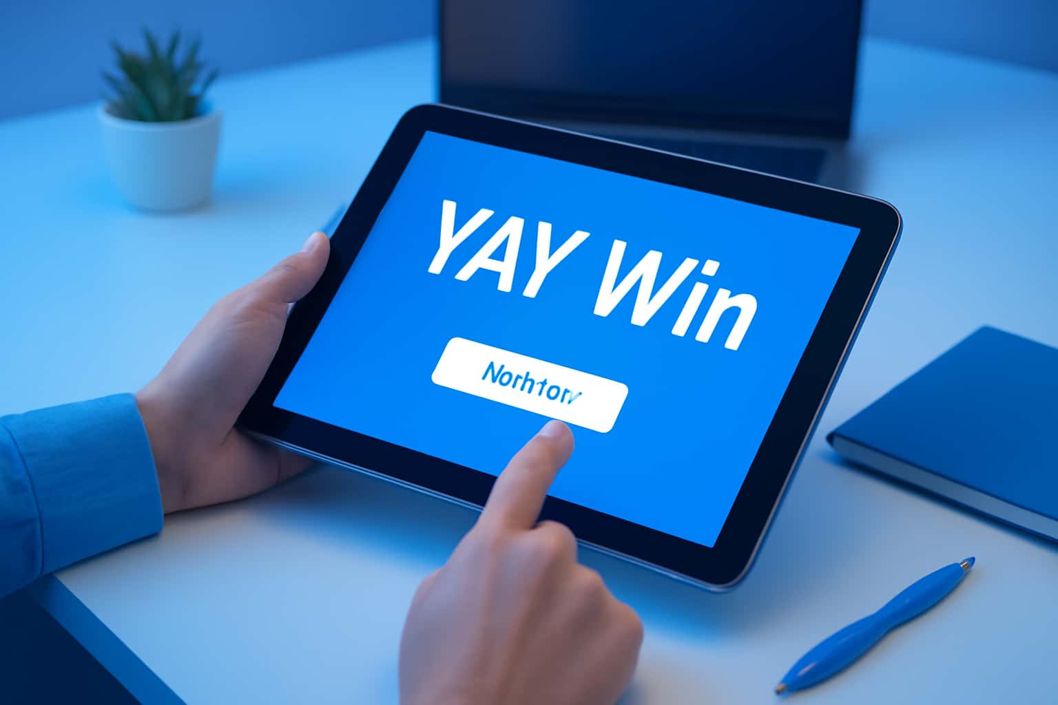 A sleek tablet displaying the YAY Win interface in a neutral informational setup.